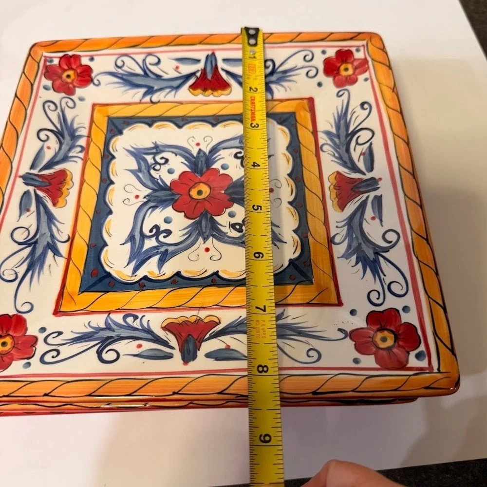 Tabletops Gallery Italiano Square Salad Plates Hand Painted Red Blue Set of 4 8
